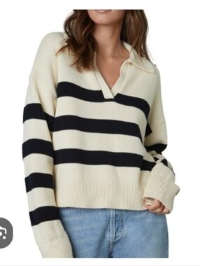 Striped Cream and Black Collared Women's Sweater Sz M